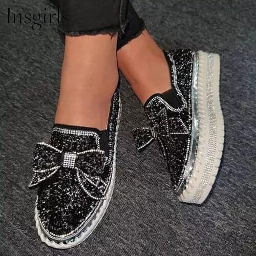 Rhinestone Womens Flats 2021 All Season Daily Bowknot Ladies 35-43 Large-Sized Casual Vulcanized Shoes Stylish Sneakers Female
