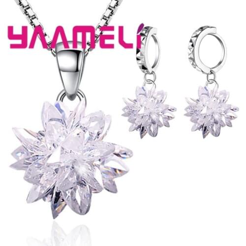 Fashion Womens Wedding Pendant/Necklace/Chain Jewelry Set Clear Crystal Statement Ice Flower 925 Sterling Silver Jewellery