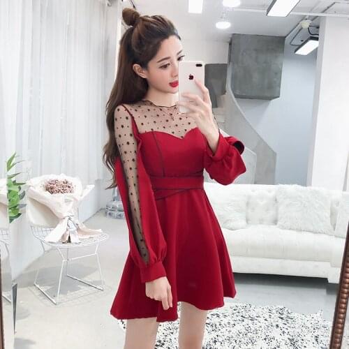 Robe Femme Vestidos Moda Feminina Fashion Red Dresses Women Autumn Sweet Mesh Party Dress Perspective Female Clothes Vestidos