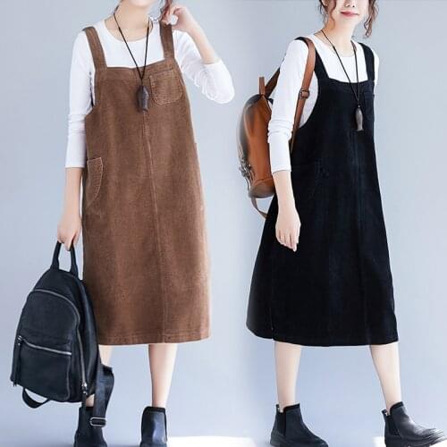 Corduroy Strap Dress Female 2021 Spring Autumn Large size Loose Vintage Sleeveless Slit Women Dress Casual Clothing Brown Black