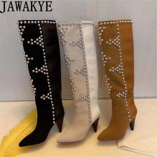 2021 Winter Fashion Week Over the knee Boots Women Suede Leather Splicing Inlay Rivet Boots Western T Show Party Boots Mujer