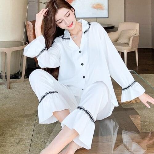 2021 Spring Summer Korean Long Sleeve Silk Satin Pajama Sets for Women Sleepwear Suit Pyjamas Homewear Pijama Mujer Home Clothes