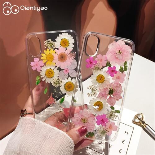 Qianliyao Real Dry Flower Phone Case for iPhone 12 Soft Case for iPhone X XS XR XS Max 6s 7 8 plus 11 Pro Max SE Handmade cover