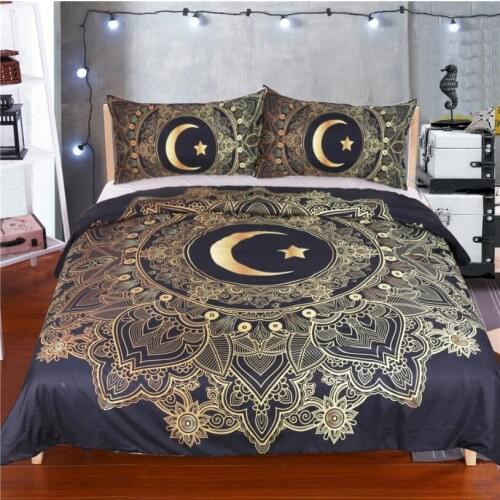 Fashion 3Pcs Golden Bonzing Mandala Flowers Star Moon Duvet Cover Black Dark Blue Bedding Set Soft Quilt Cover Single Bed Cover