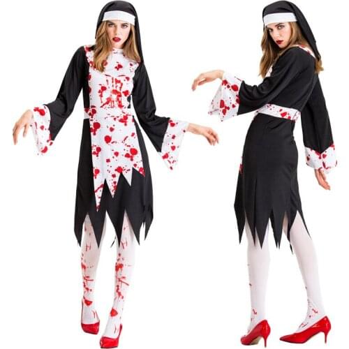 Bloodiness Black Vampire Zombie Nun Priest Cosplay Halloween Costumes For Women Girls Fancy Dress Ball Performance Show
