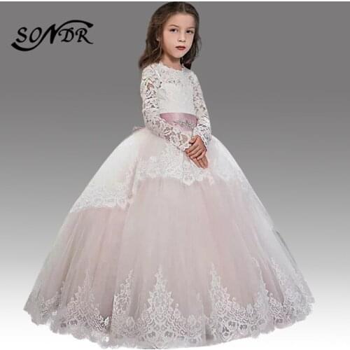 Lace Flower Girls Dresses HT196 Long Sleeve Appliques Kids First Communion Dress White Pink Tiered Girl Princess Ball Gowns
