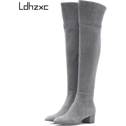 LDHZXC over the knee boots genuine leather cow suede medium heel women boots winter boots thick heel snow boots size 33-43