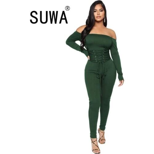 Hot Recommend Style Solid Color Slash Collar Long Sleeve Skinny Pencil Pants Trousers Women Sexy Party Jumpsuit Romper Work Wear