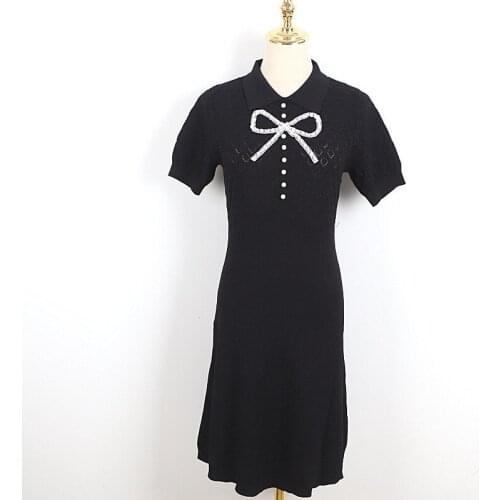 Fashion Knit Lapel Short Sleeve Slim A-Line Dress 2021 Summer Women Dress Sweet Bow Beaded Blue Dresses Clothing