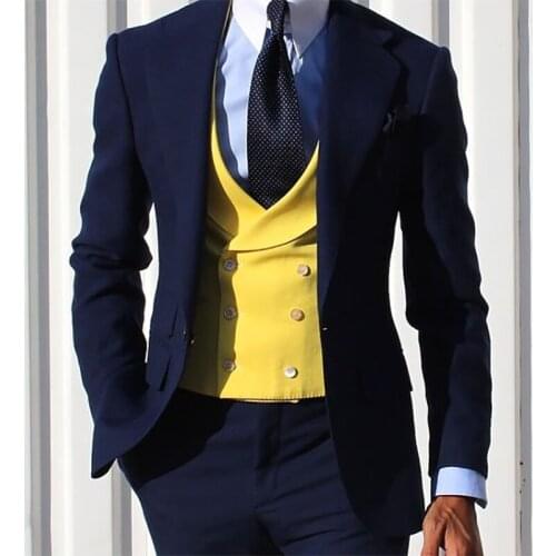 New Navy Blue Men Suits Yellow Double Breasted Vest Slim Fit Formal Business Blazer Groom Wedding Suits For Men 3 Pieces