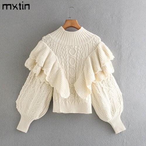 MXTIN Fashion Ruffle Knitted Pullover Sweater Women 2020 Vintage O Neck Long Sleeve Female Chic Casual Tops