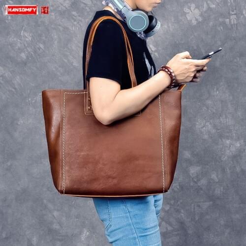 New Mens Handbags Leather Horizontal Shopping Tote Bag Retro Leather Male Large Capacity Shoulder Bag Men Computer Bags Vintage