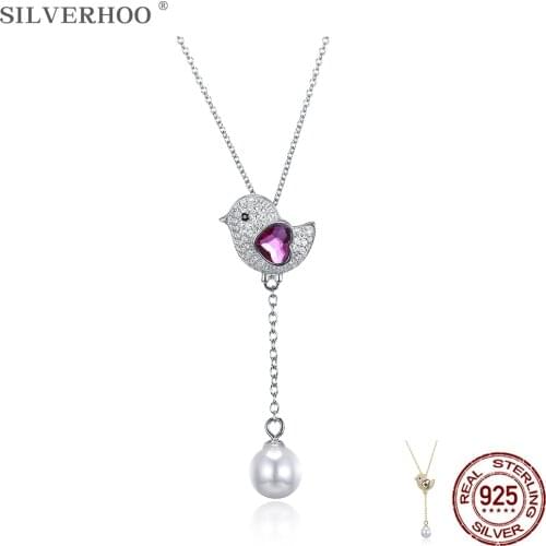 SILVERHOO Cute Bird 925 Sterling Silver Heart Austria Crystal Pendant Necklace Shell Pearl Double Pendant New Arrivals Jewelry