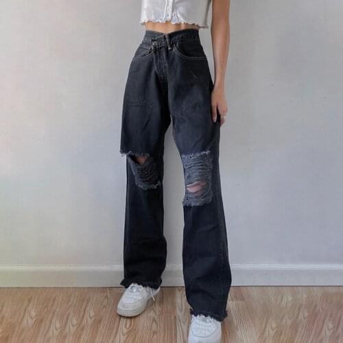 High Waist Women Straight Leg Ripped Jeans Slouchy Torn Pants Destroyed Broken Distressed Denim Trousers Female Hip Hop Fashion