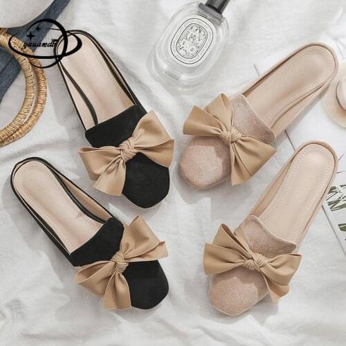 Size 35-40 Womens Slippers Summer Female Slippers Flat With Outside Mixed Colors Butterfly-knot Flock Pu Ladies Shoes K26