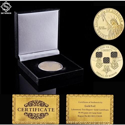 USA In God We Trust Medal of Honor Gold Lady Statue of Liberty Challenge Coin W/ Luxury Coin Box