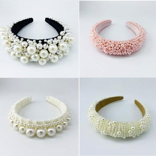 Women Pearl Rhinestones Baroque Headband Fashion Sponge Crown Hair Band Hair Accessories Wide Hair Band