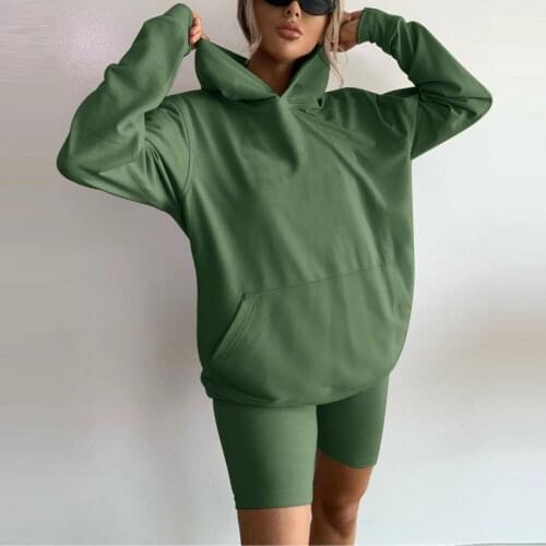 Hoodies Sweatshirts For Women Solid Color Loose Fitting Hooded Sweatshirt Shorts Two Piece Set Sport Fitness Tracksuit A40