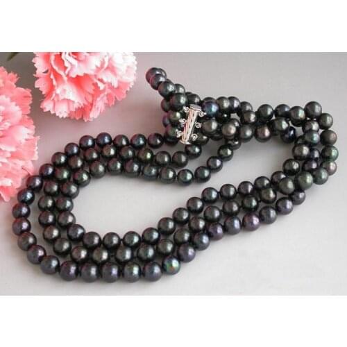 Unique Pearls jewellery Store 3rows 19''10mm Round Black Freshwater Pearl Necklace Fine Jewelry Women Gift