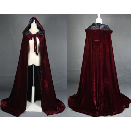 Wine red black velvet hooded cloak wedding cape Halloween wicca robe coat Stock bridal shawl medieval cloak