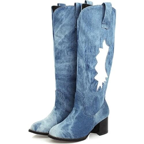 YMECHIC Black Blue Denim Long High Heel Western Cowboy Boots for Women Sewing Knight Tall Knee High Ladies Boots Shoes Plus Size