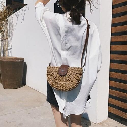 Women Woven Straw Crossbody Bag Faux Leather Strap Semicircle Shoulder Handbag