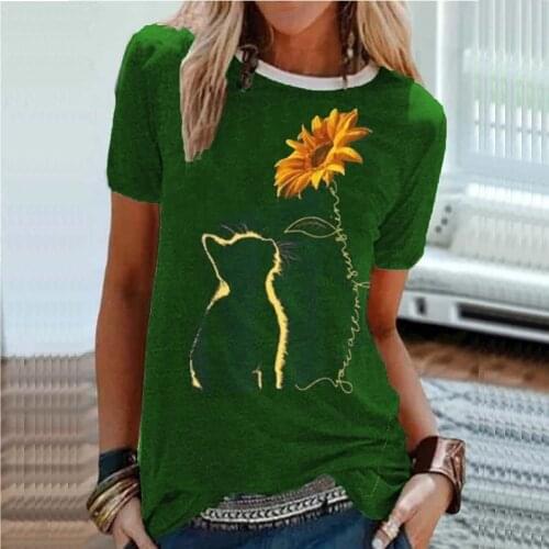 Daisy Flower Cat Print Tops Women 2020 Harajuku Summer Aesthetic T shirts Female Vintage Oversized Kpop Vogue Tshirt Clothes Tee