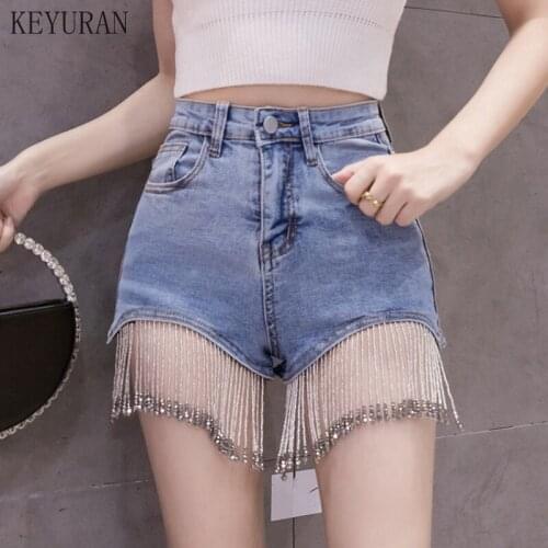 Women luxurious Tassel Rhinestone Fringed Jeans Shorts Female Sexy High Waist 2021 Summer Fashion Designer Wide Leg Denim Shorts