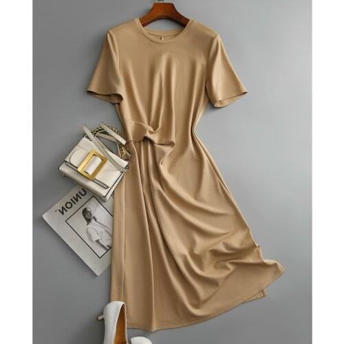 Korean Style Casual Dresses for Women 2021 Summer New Short Sleeve O-neck Solid Side Split A Line Dress Elegant OL Dress