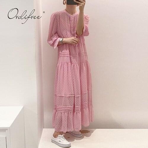 Ordifree 2021 Summer Women Maxi Dress Vintage Polka Dot Pink Long Beach Dress