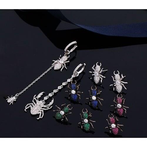 AAA+ Fashion Ant Earrings Silver Tone White Green Blue Red CZ Studs Taste Beetle Earrings For Women