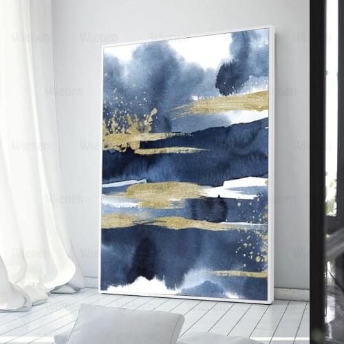 Abstract Blue Ink Canvas Painting Home Wall Decor Waterproof Minimalist Poster Dormitory Office Luxury Decor No Frame Mural