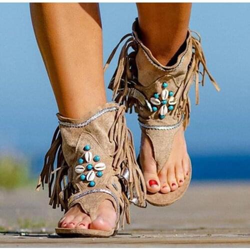 Bohemia Summer Women Sandal Ethnic Style Tassels Ladies Ankle Boots Sandal Shoe Rome Thong Gladiator Flat Sandals