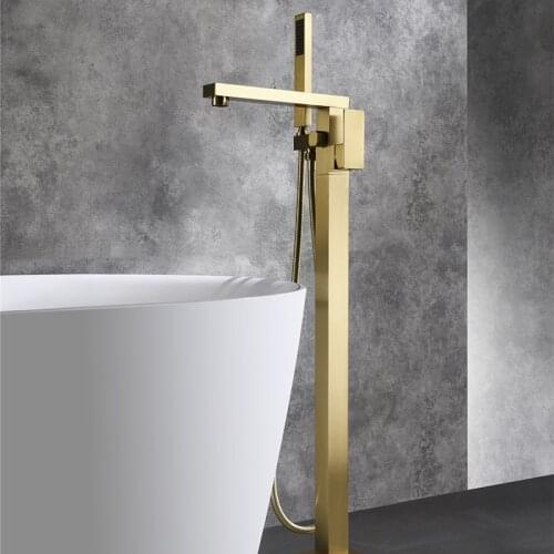 Brushed gold Bathtub Floor Stand Faucet Mixer Single Handle Mixer Tap 360 Rotation Spout With Brass Handshower Bath Mixer Shower