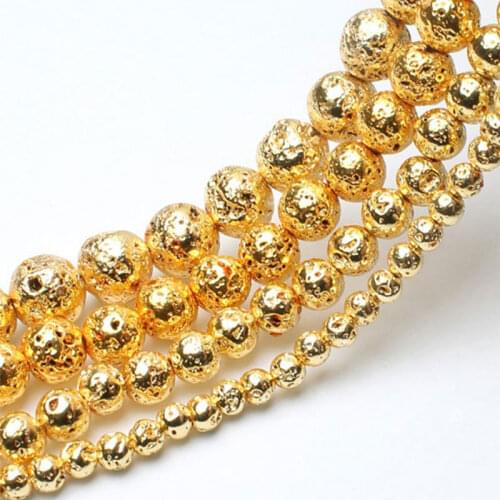 4-10mm Round Metallic Coated Plating Gold Hematite Counterfeit Lava Stone Beads For Jewelry Making Beads Healing DIY Beads