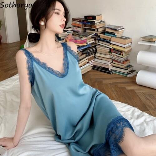 Summer Elegant Nightgowns Women V-neck Lace Patchwork Sexy Sleepshirts Ladies Temperament A-line French Style Feminine Cozy Chic