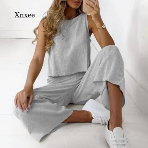 Summer Women Solid Tank Straight Trousers Two Piece Suit Wide Leg Pants Sleeveless o Neck Outfit Vest Homewear Set Clothing