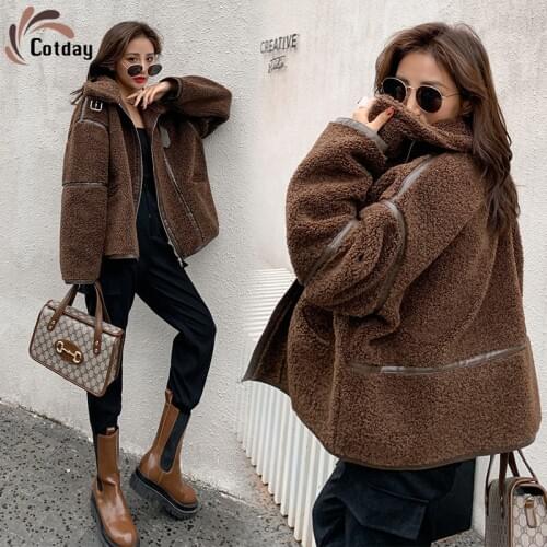 Cotday Loose And Thin Mandarin Collar Locomotive Clothing Winter Warm Faux Lamb Fur One Piece Cotton Padded Jacket Fur Coat