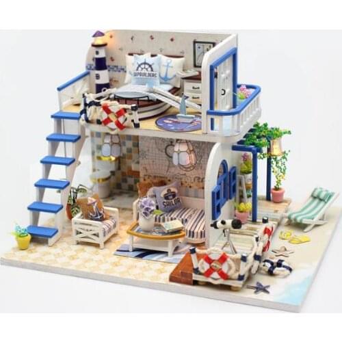 Elegant DIY Doll House Mini Villa Model Miniature With Furnitures Wooden House Model Handmade Toys Gift Blue Coast M032