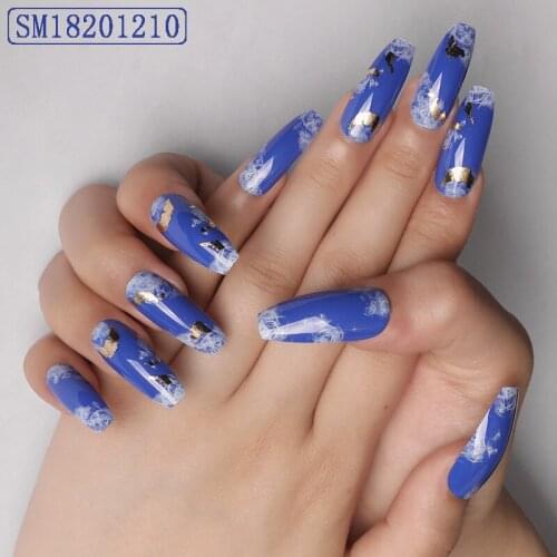 Fake Nails Long Blue Sky and White Clouds Wear Nail Stickers Finished Nails 24 With Glue TN