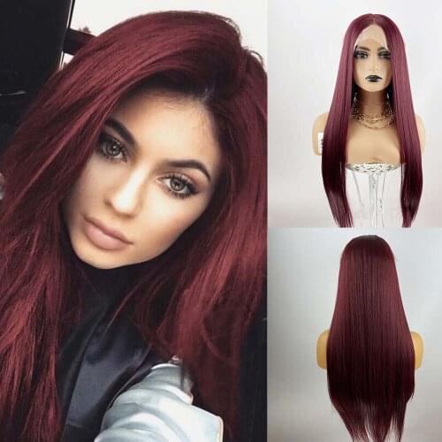 Wine Red Wig For Women Long Synthetic Burgundy Silky Straight Soft Heat Resistant Lace Front Wigs with Baby Hair 24 Inche