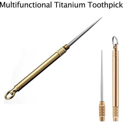 Outdoor EDC Portable Multifunctional Titanium Toothpick Bottle Fruit Fork Camping Tool Toothpick Tube Stronger Than Dental Floss