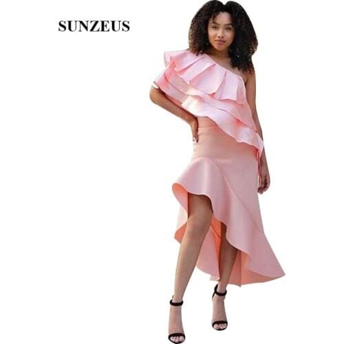One Shoulder Pink Prom Dresses 2019 High Low Ruffles Party Gowns For African Women Vestidos Formatura