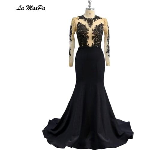 Sexy Illusion Top Black Appliqued Open Back Long Sleeve Prom Dress CMT20