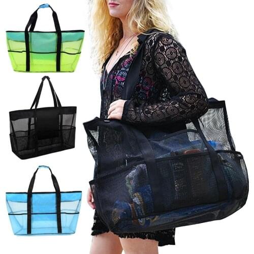 Large Capacity Mesh Bag Breathable Multiple Pockets Mesh Storage Bag for Beach Picnic Travel Bag Tote Storage Pouch Handbag