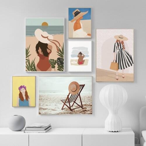 Modern Fashion Woman Holiday Poster,Summer Beach Sunbed Canvas Painting,Minimalist Art Wall Pictures,Bohemia Girl Room Decor
