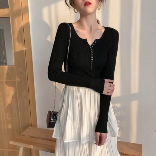 2021 Autumn New Women Basic Sweater Buttons V-neck Long Sleeve Knitted Pullover Stretchy Slim Knitwear Sueter Jumper