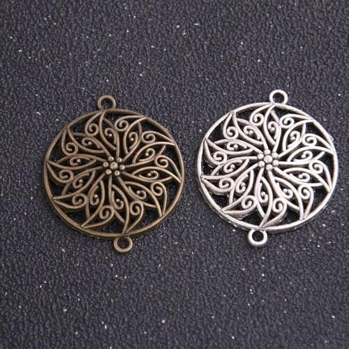 6pcs 29*35mm Two Color Zinc Alloy Vintage Round Flower Connectors Pendants Jewelry Making DIY Handmade Craft