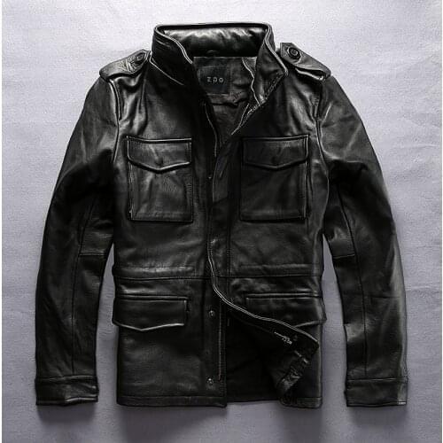 Factory 2020 New Men Black Genuine Cow Leather Jacket Casual Long Style M65 Multi-pocket Cowskin Jackets Winter Russia Coats