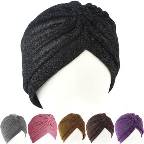 1Pc Gold Bright Silk Hat Muslim Turban Hat Women Stretchy Soft Indian Style Turban Adult Hat Head Wrap Bandanas Hot Sale 2020